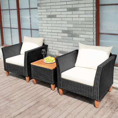 3 Pieces Outdoor Patio Wicker Furniture Set with Cushions and Acacia Wood Coffee Table