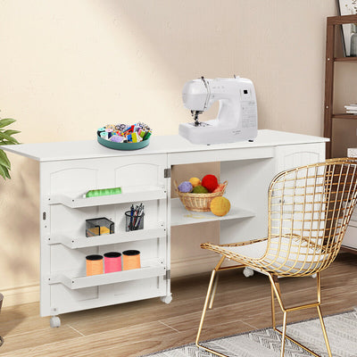 Folding Sewing Table Shelves Storage Cabinet Craft Cart with Wheels