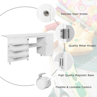 Folding Sewing Table Shelves Storage Cabinet Craft Cart with Wheels