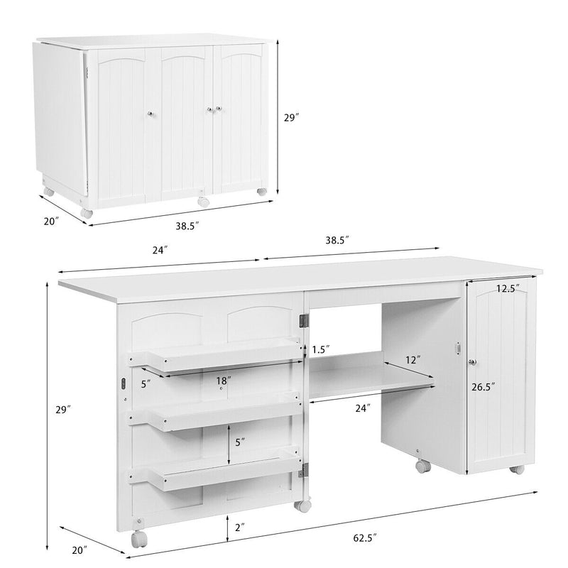 Folding Sewing Table Shelves Storage Cabinet Craft Cart with Wheels