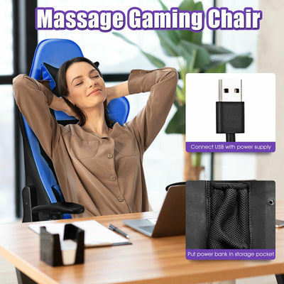 Leather USB Massage Gaming Chair with Cushioned Headrest Lumbar Support Footrest