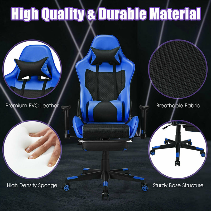 Leather USB Massage Gaming Chair with Cushioned Headrest Lumbar Support Footrest