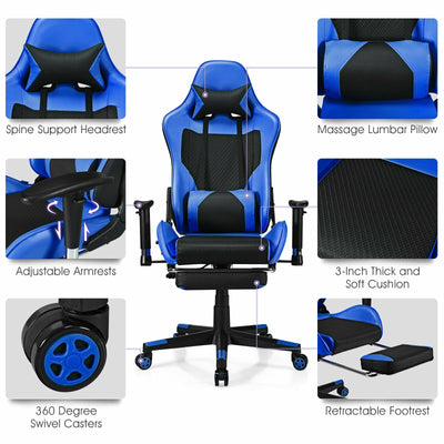 Leather USB Massage Gaming Chair with Cushioned Headrest Lumbar Support Footrest