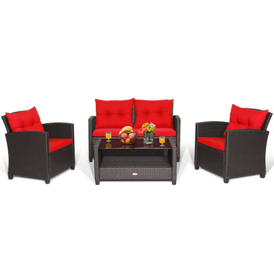 4 Pieces Patio Rattan Conversation Furniture Set with Glass Top Coffee Table