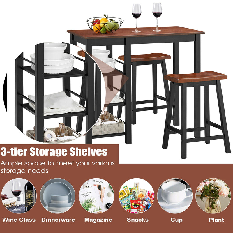 3 Piece Counter Height Dining Table Set with 2 Saddle Stools and Storage Shelves