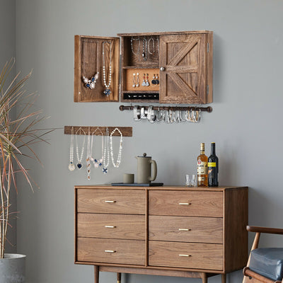 Rustic Wall Mounted Jewelry Cabinet with Barn Door Decor