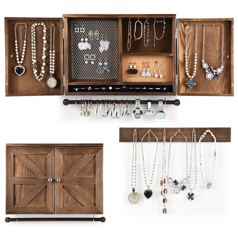 Rustic Wall Mounted Jewelry Cabinet with Barn Door Decor