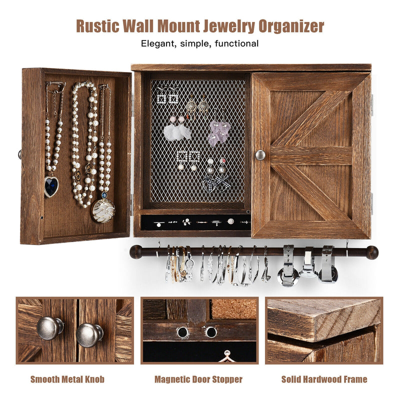 Rustic Wall Mounted Jewelry Cabinet with Barn Door Decor