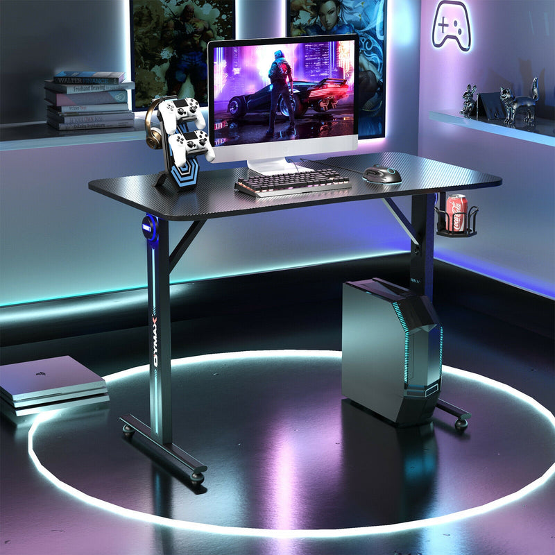 Computer Gaming Desk with LED Lignt and Gaming Handle Rack for Home