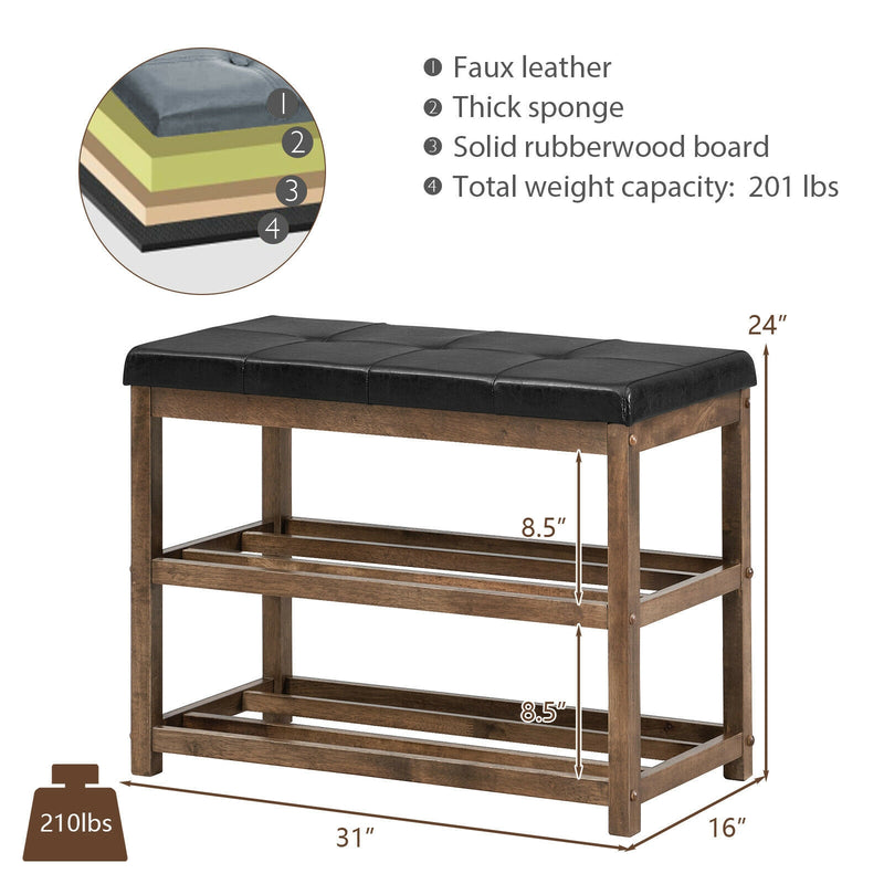 2-Tier Wooden Shoe Rack Bench with Cushioned Seat