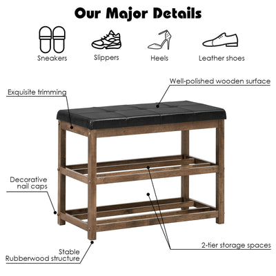 2-Tier Wooden Shoe Rack Bench with Cushioned Seat