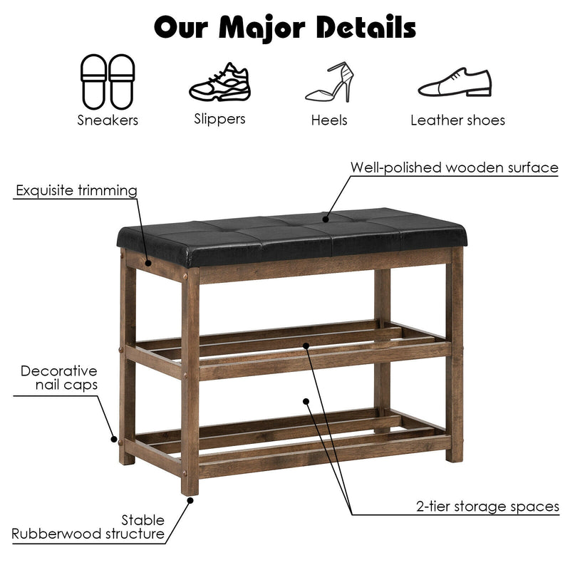 2-Tier Wooden Shoe Rack Bench with Cushioned Seat