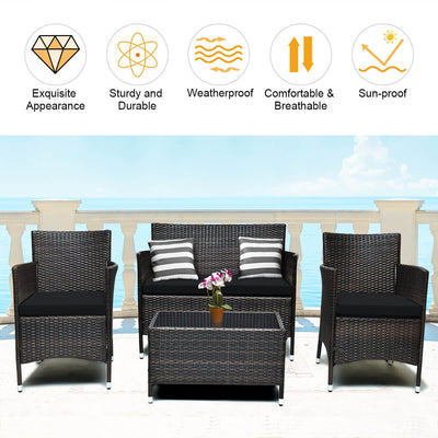 4 Pieces Comfortable Outdoor Rattan Sofa Set with Glass Coffee Table