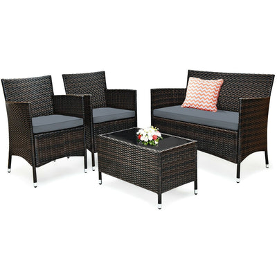 4 Pieces Comfortable Outdoor Rattan Sofa Set with Glass Coffee Table