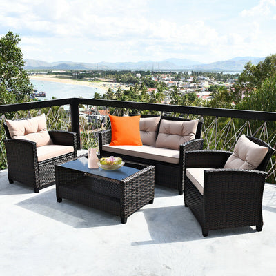 4 Pieces Patio Rattan Conversation Furniture Set with Glass Top Coffee Table