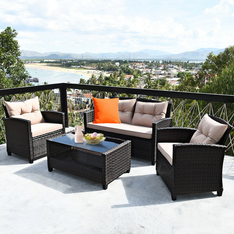 4 Pieces Patio Rattan Conversation Furniture Set with Glass Top Coffee Table