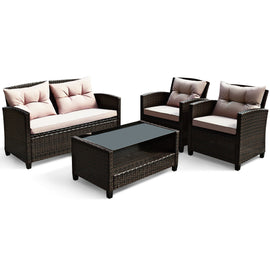 4 Pieces Patio Rattan Conversation Furniture Set with Glass Top Coffee Table