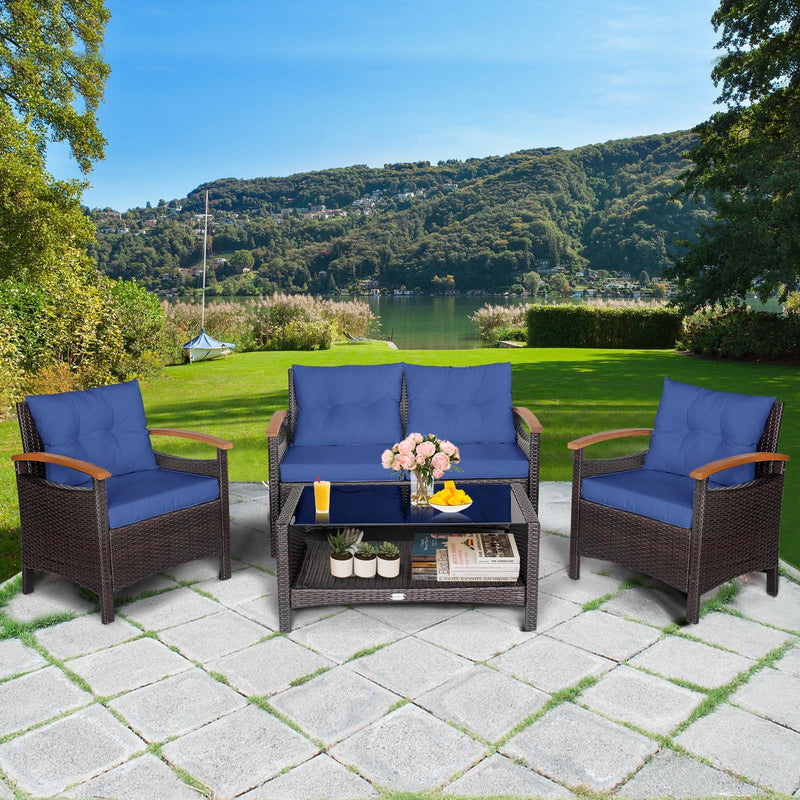 4 Pieces Patio Rattan Furniture Set with Cushioned Sofa and Storage Table