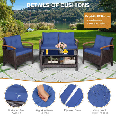 4 Pieces Patio Rattan Furniture Set with Cushioned Sofa and Storage Table