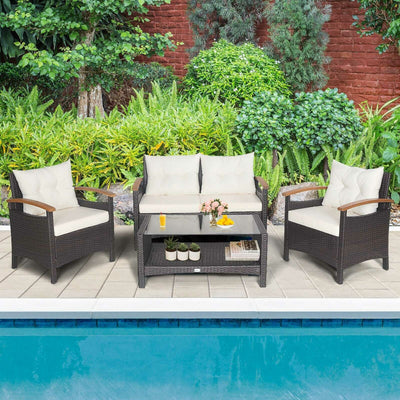 4 Pieces Patio Rattan Furniture Set with Cushioned Sofa and Storage Table