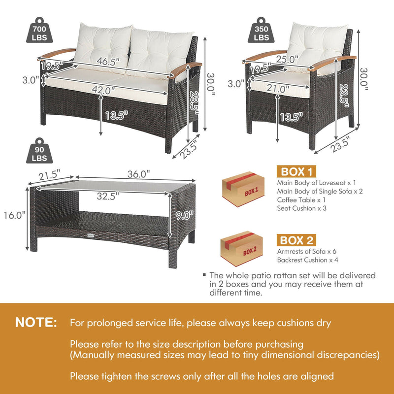 4 Pieces Patio Rattan Furniture Set with Cushioned Sofa and Storage Table