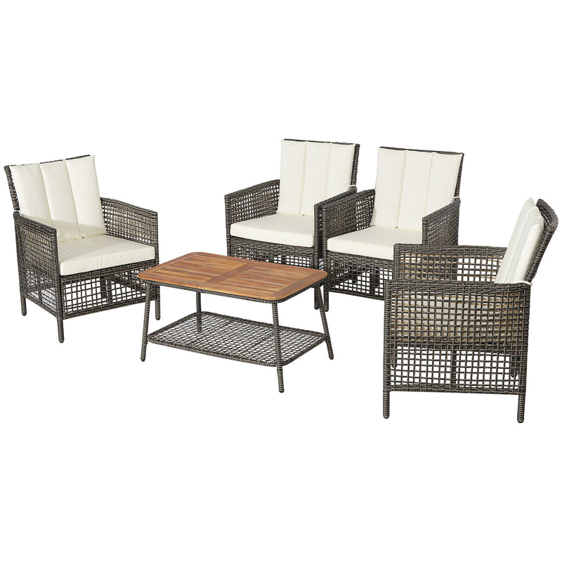 5 Pieces Patio Rattan Furniture Set Cushioned Sofa Armrest Wooden Tabletop