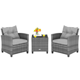 3 Pieces Outdoor Wicker Conversation Set with Tempered Glass Tabletop