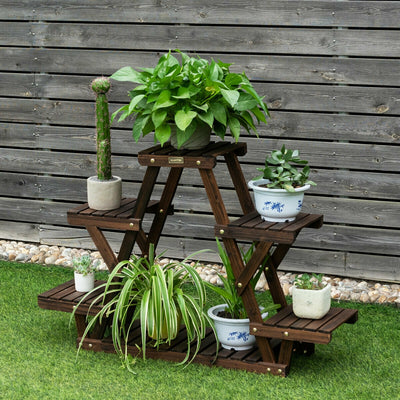 Wood Plant Stand Triangular Shelf 6 Pots Flower Shelf