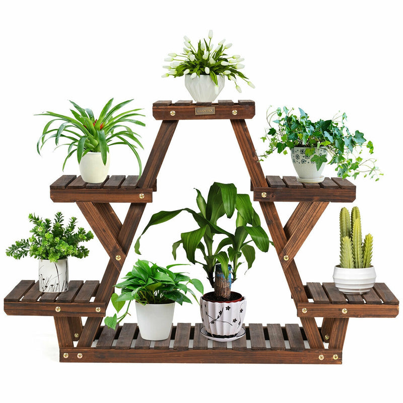 Wood Plant Stand Triangular Shelf 6 Pots Flower Shelf