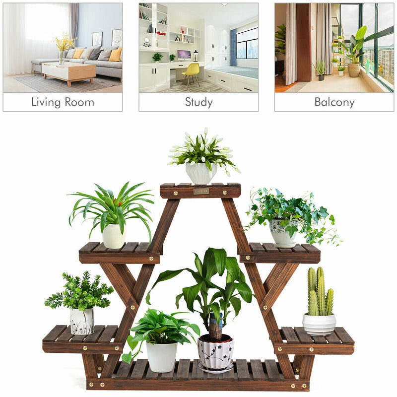 Wood Plant Stand Triangular Shelf 6 Pots Flower Shelf