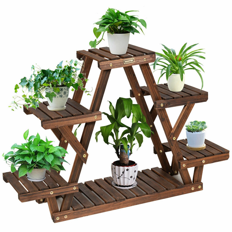 Wood Plant Stand Triangular Shelf 6 Pots Flower Shelf