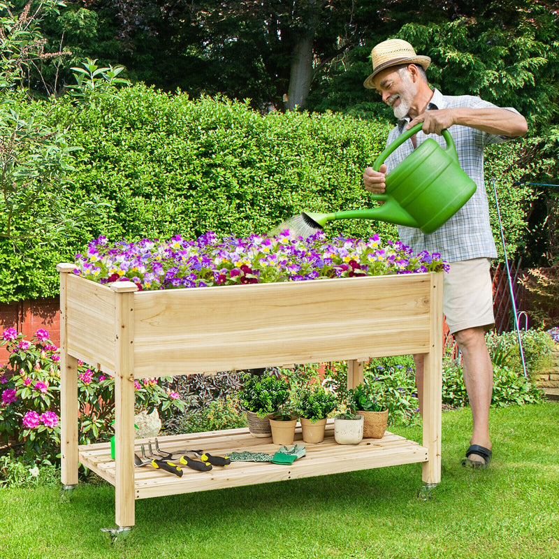 Wood Elevated Planter Bed with Lockable Wheels Shelf and Liner