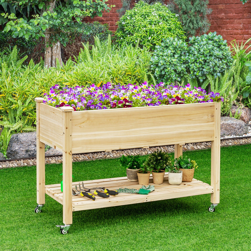 Wood Elevated Planter Bed with Lockable Wheels Shelf and Liner