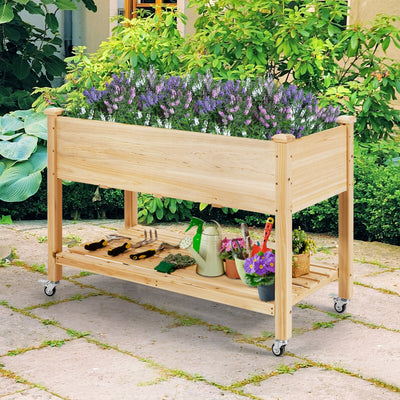 Wood Elevated Planter Bed with Lockable Wheels Shelf and Liner