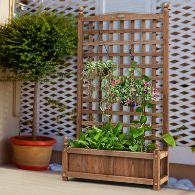 Weather-resistant Outdoor Solid Wood Planter Box with Trellis