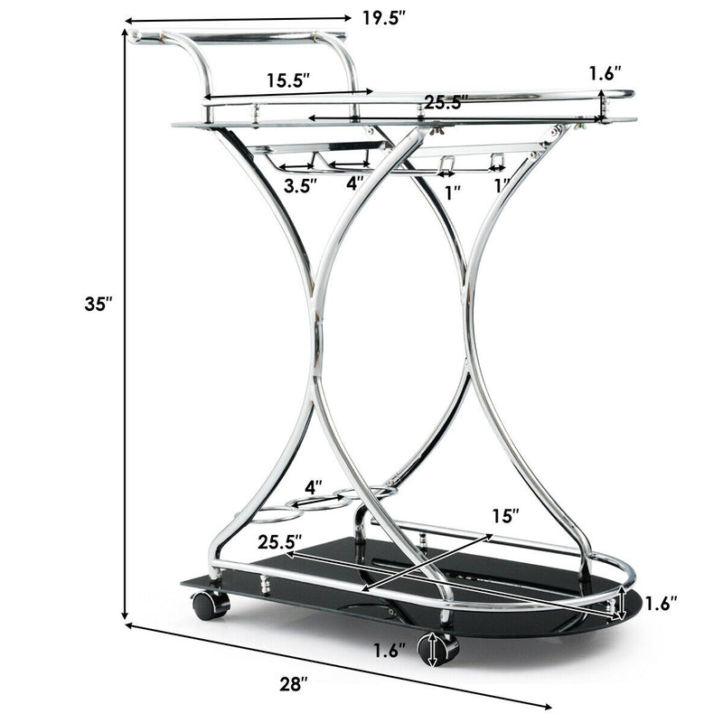 2-Tier Metal Framed Rolling Serving Bar Cart with Glass Shelves