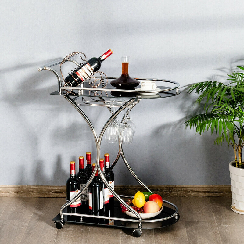 2-Tier Metal Framed Rolling Serving Bar Cart with Glass Shelves