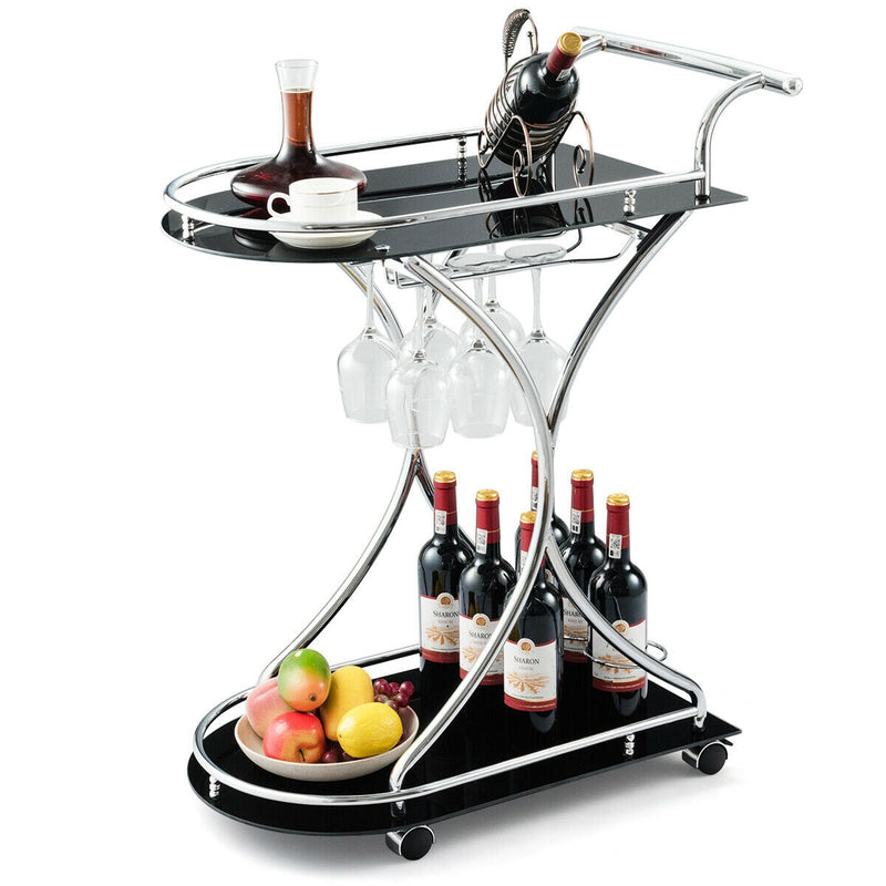 2-Tier Metal Framed Rolling Serving Bar Cart with Glass Shelves