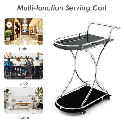 2-Tier Metal Framed Rolling Serving Bar Cart with Glass Shelves