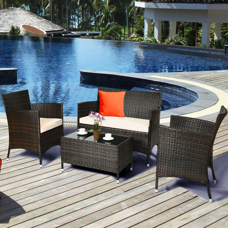 4 Pieces Outdoor Rattan Sofa Set with Glass Table and Comfortable Wicker