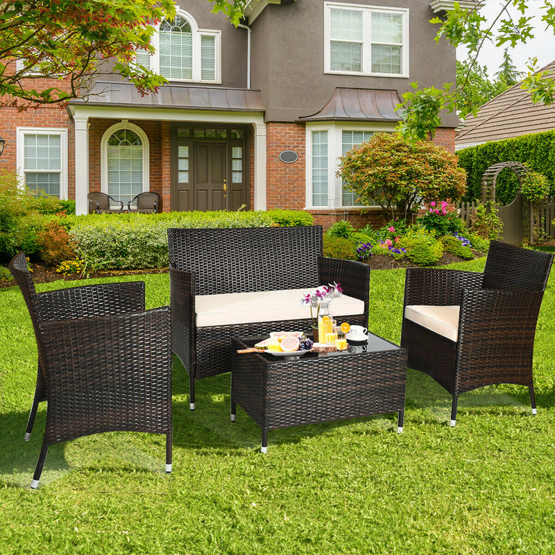 4 Pieces Outdoor Rattan Sofa Set with Glass Table and Comfortable Wicker