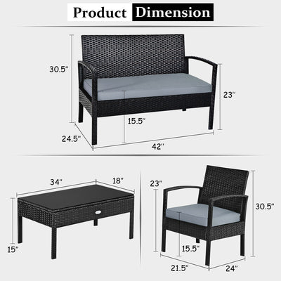 4 Pieces Patio Rattan Cushioned Furniture Set with Loveseat and Table