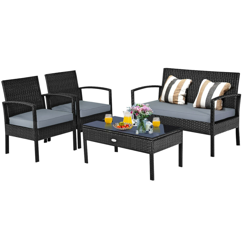 4 Pieces Patio Rattan Cushioned Furniture Set with Loveseat and Table