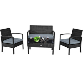 4 Pieces Patio Rattan Cushioned Furniture Set with Loveseat and Table