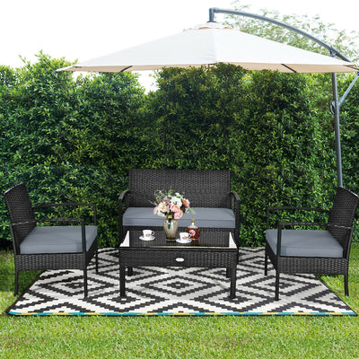 4 Pieces Patio Rattan Cushioned Furniture Set with Loveseat and Table