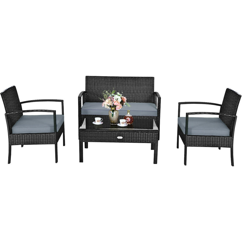 4 Pieces Patio Rattan Cushioned Furniture Set with Loveseat and Table