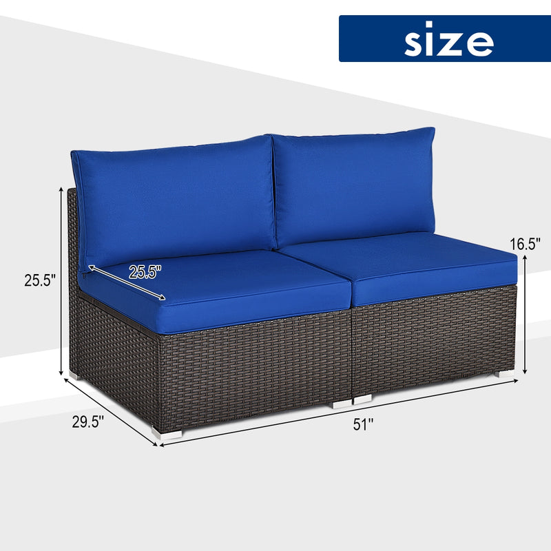 2 Pieces Patio Rattan Armless Sofa Set with back and seat Cushions