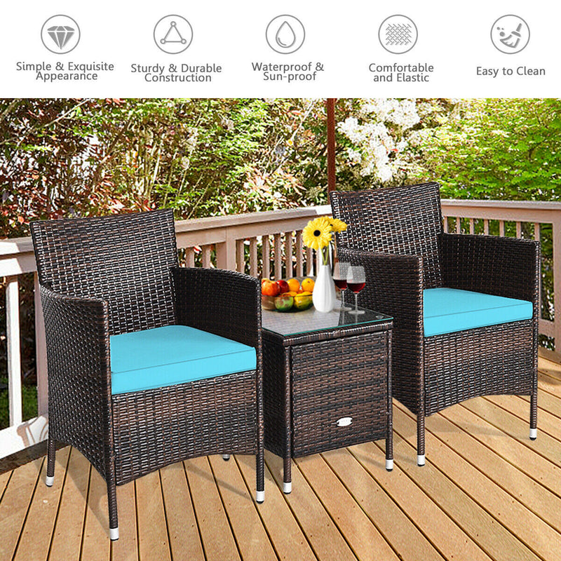 3 Pcs Patio Wicker Rattan Conversation Set with Coffee Table for Garden Lawn Backyard Poolside