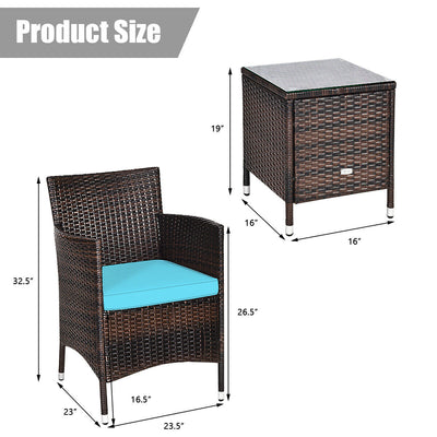 3 Pcs Patio Wicker Rattan Conversation Set with Coffee Table for Garden Lawn Backyard Poolside