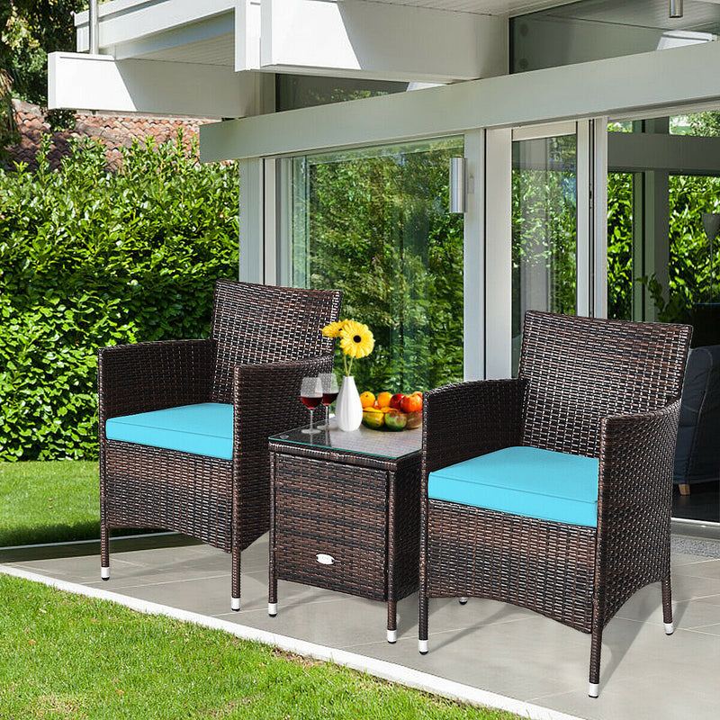 3 Pcs Patio Wicker Rattan Conversation Set with Coffee Table for Garden Lawn Backyard Poolside